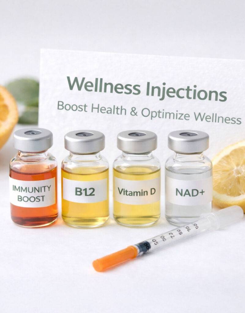 Glass containers of Wellness Injections including immmunity boost, b12, vitamin d, and NAD+